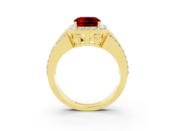 Yellow gold Cushion Cut Halo Ruby Ring with Round  Split Shank and Prong Setting