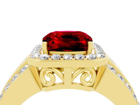 Yellow gold Cushion Cut Halo Ruby Ring with Split Shank and Four-Prong Setting_4