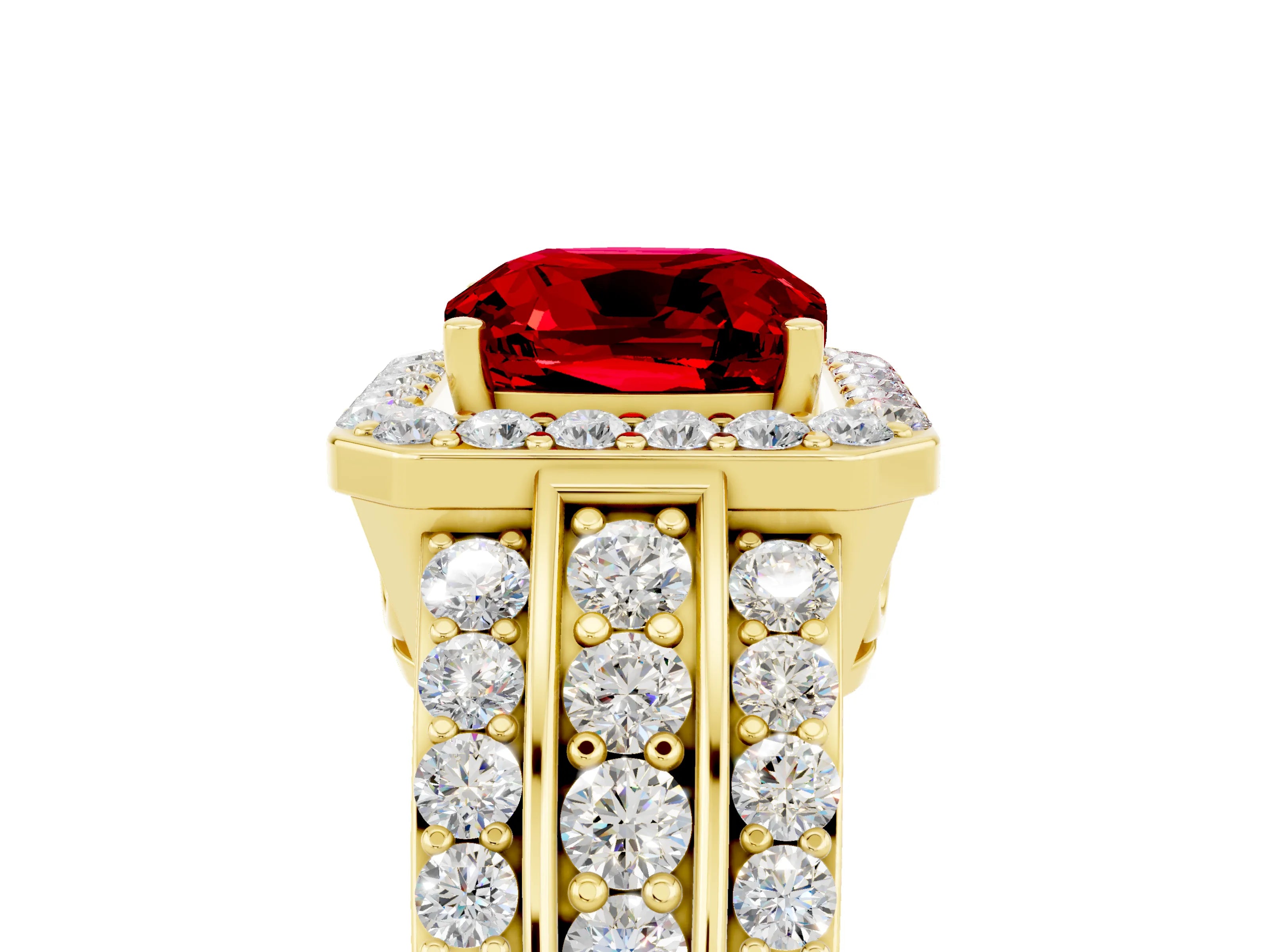 Yellow gold Cushion Cut Halo Ruby Ring with Split Shank and Four-Prong Setting_5