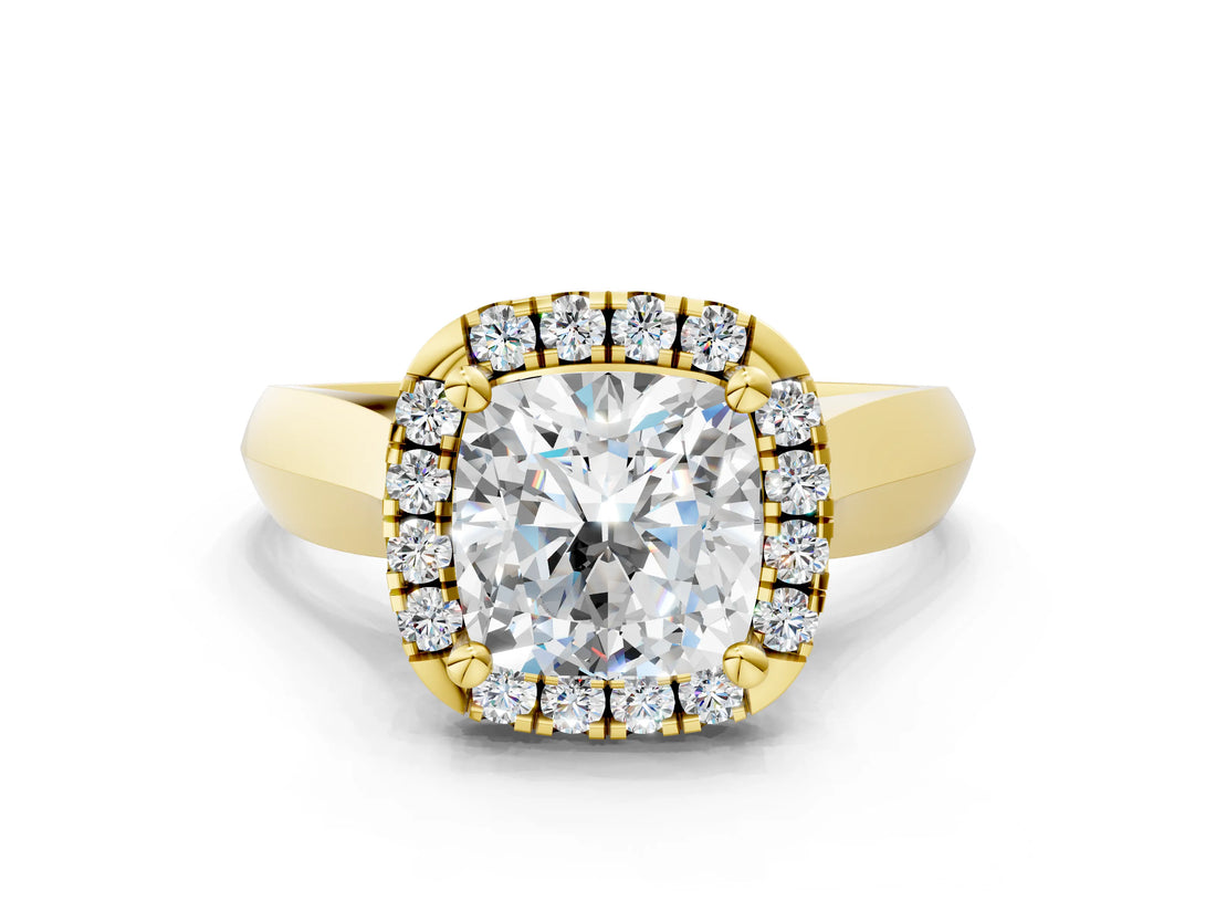 Yellow gold Cushion Cut Halo Solitaire Engagement Ring with Square Band and Four-Prong Setting_90