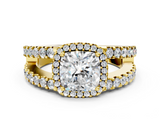 Yellow gold Cushion Cut Halo Split Shank Diamond Ring with Four-Prong Setting_64