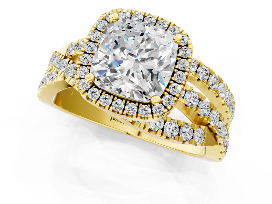 Yellow gold Cushion Cut Halo Split Shank Prong Setting Ring