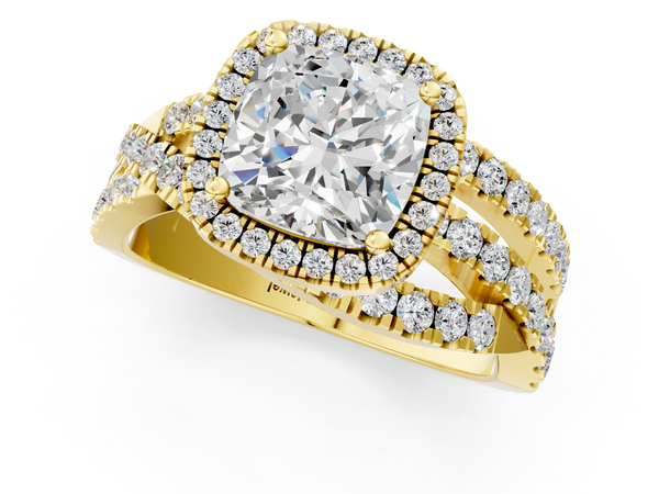 Yellow gold Cushion Cut Halo Split Shank Prong Setting Ring