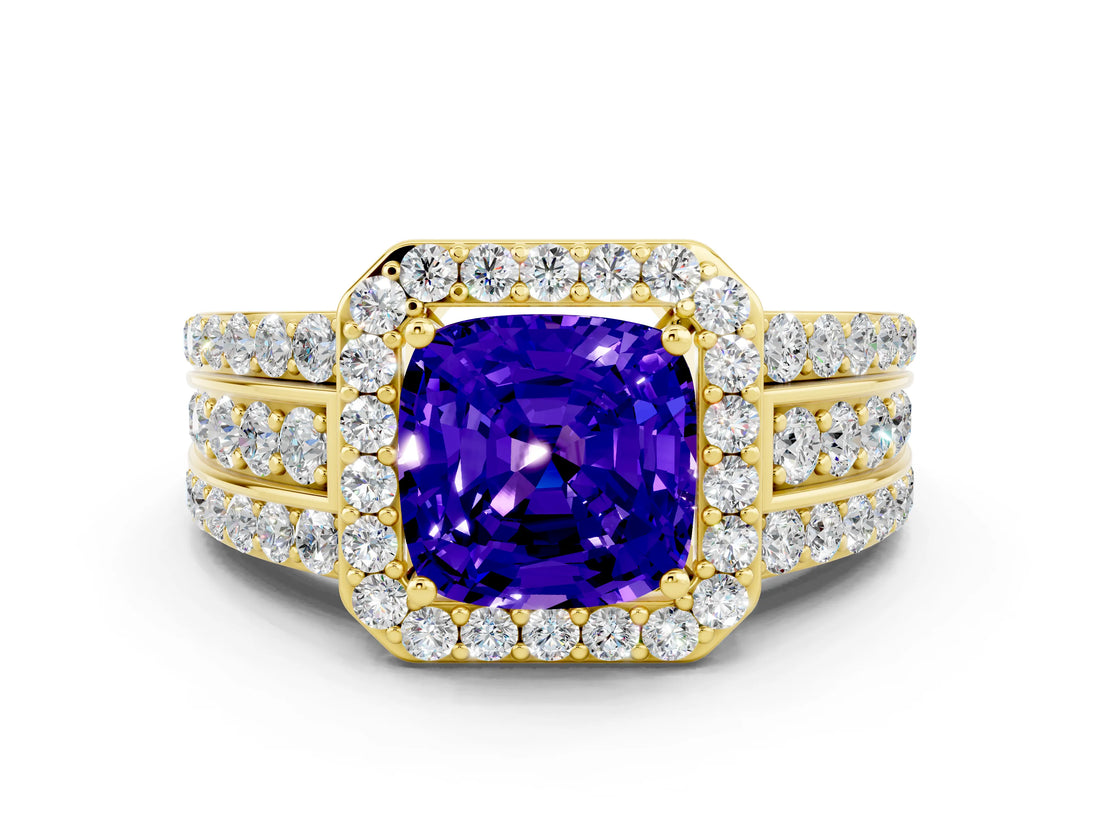Yellow gold Cushion Cut Halo Tanzanite Ring with Split Shank and Four-Prong Setting