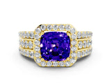 Yellow gold Cushion Cut Halo Tanzanite Ring with Split Shank and Four-Prong Setting