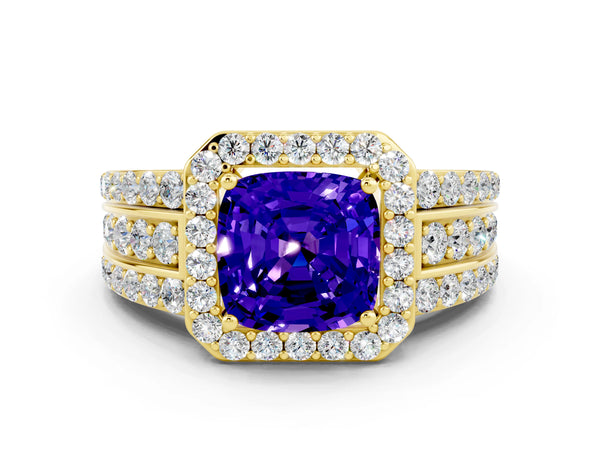 Yellow gold Cushion Cut Halo Tanzanite Ring with Round  Split Shank and Prong Setting