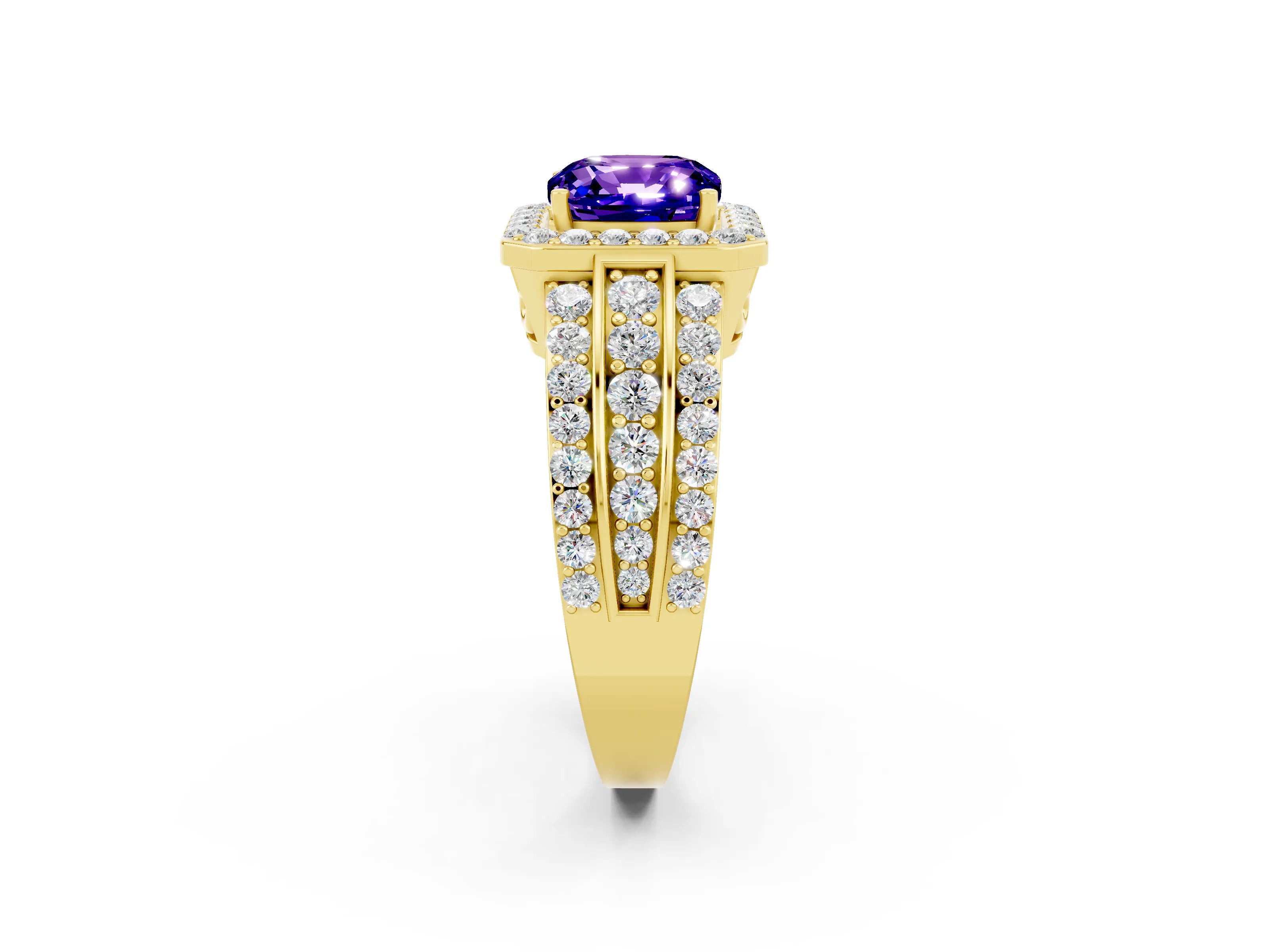 Yellow gold Cushion Cut Halo Tanzanite Ring with Split Shank and Four-Prong Setting_2