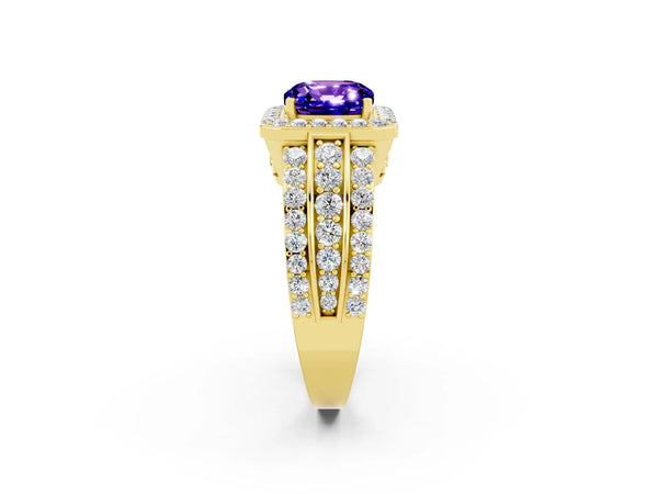 Yellow gold Cushion Cut Halo Tanzanite Ring with Round  Split Shank and Prong Setting