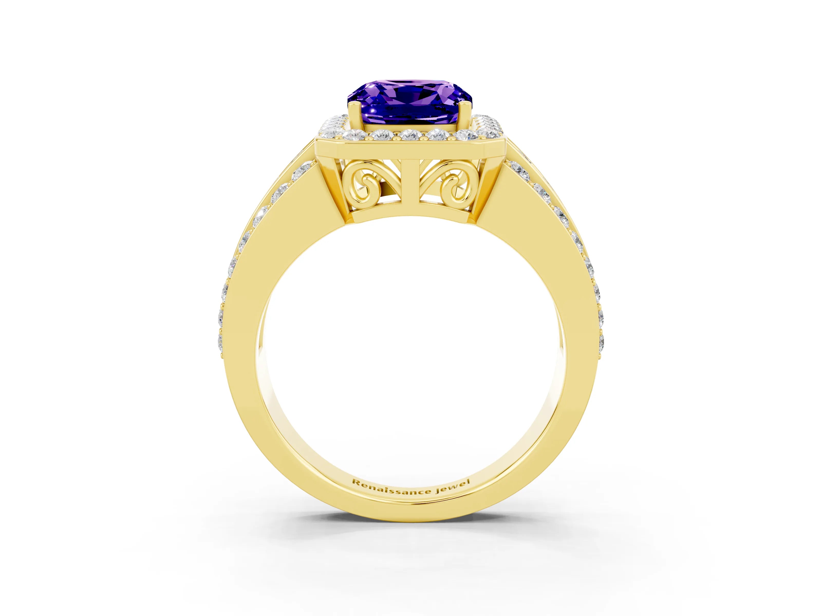 Yellow gold Cushion Cut Halo Tanzanite Ring with Split Shank and Four-Prong Setting_3