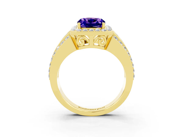 Yellow gold Cushion Cut Halo Tanzanite Ring with Round  Split Shank and Prong Setting
