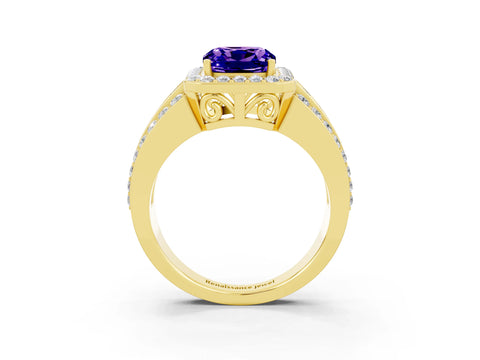 Yellow gold Cushion Cut Halo Tanzanite Ring with Split Shank and Four-Prong Setting_3