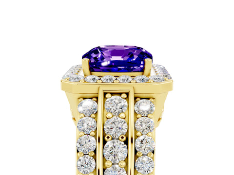 Yellow gold Cushion Cut Halo Tanzanite Ring with Split Shank and Four-Prong Setting_5