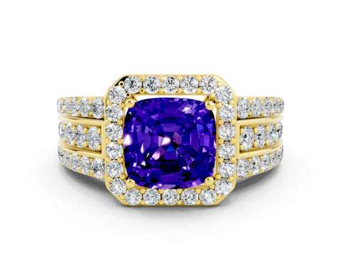 Yellow gold Cushion Cut Halo Tanzanite Ring with Split Shank and Four-Prong Setting