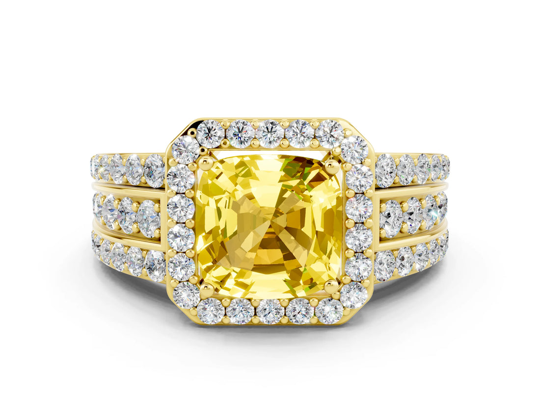 Yellow gold Cushion Cut Halo Yellow Sapphire Ring with Split Shank and Four-Prong Setting_24