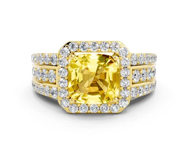 Yellow gold Cushion Cut Halo Yellow Sapphire Ring with Round  Split Shank and Prong Setting