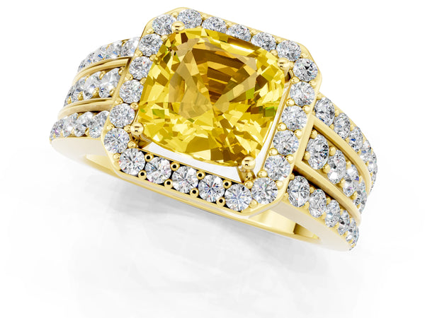 Yellow gold Cushion Cut Halo Yellow Sapphire Ring with Round  Split Shank and Prong Setting