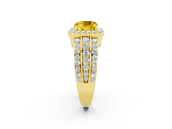 Yellow gold Cushion Cut Halo Yellow Sapphire Ring with Round  Split Shank and Prong Setting