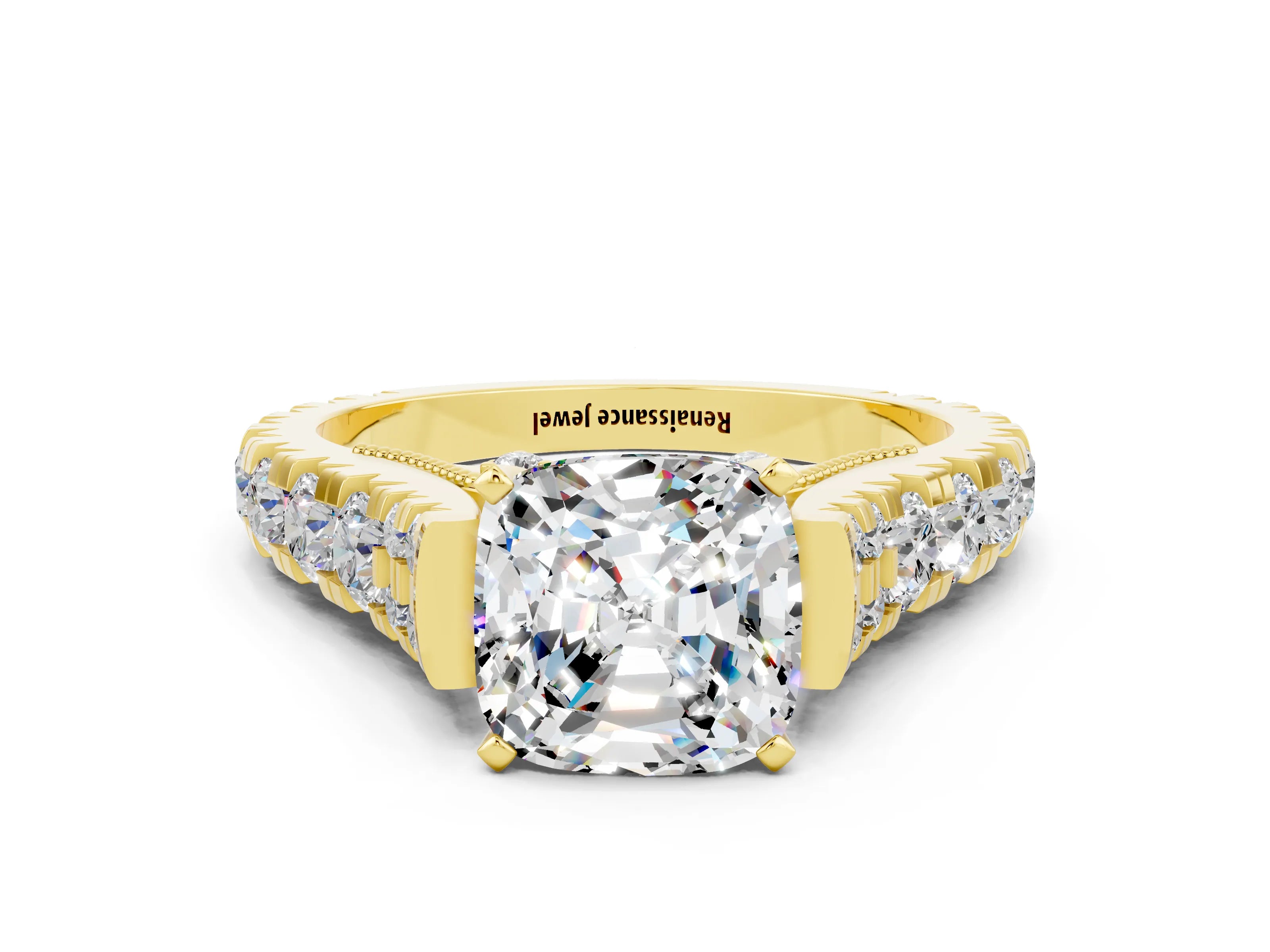 Yellow gold Cushion Cut Moissanite Classic Solitaire Ring with Pavé Band and Four-Prong Setting