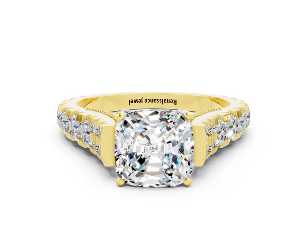 Yellow gold Cushion Cut Moissanite Classic Solitaire Ring with Pavé Band and Four-Prong Setting