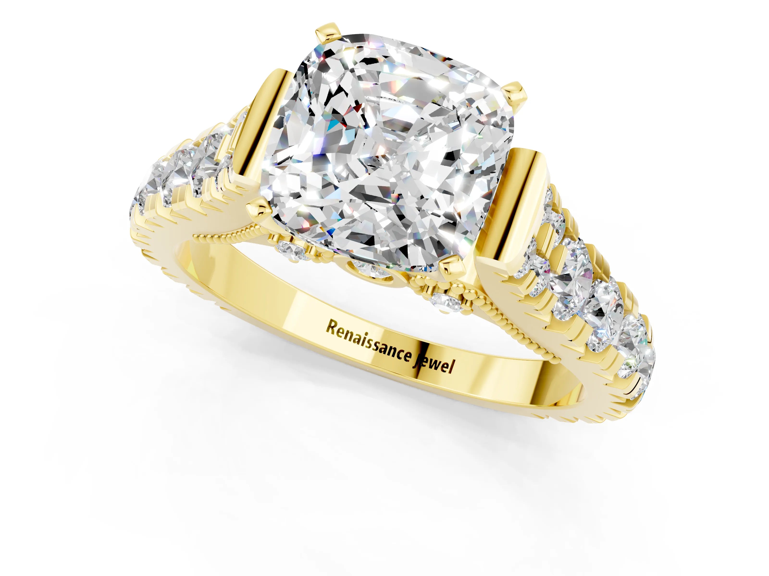 Yellow gold Cushion Cut Moissanite Classic Solitaire Ring with Pavé Band and Four-Prong Setting_1