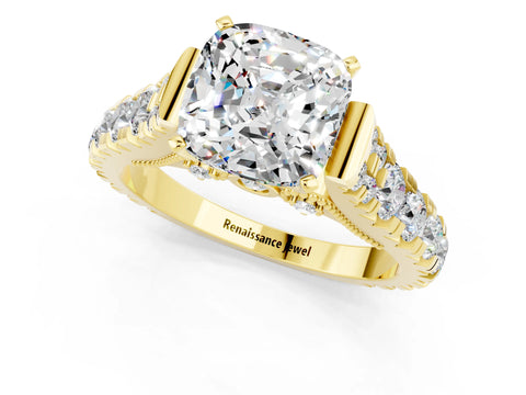 Yellow gold Cushion Cut Moissanite Classic Solitaire Ring with Pavé Band and Four-Prong Setting_1