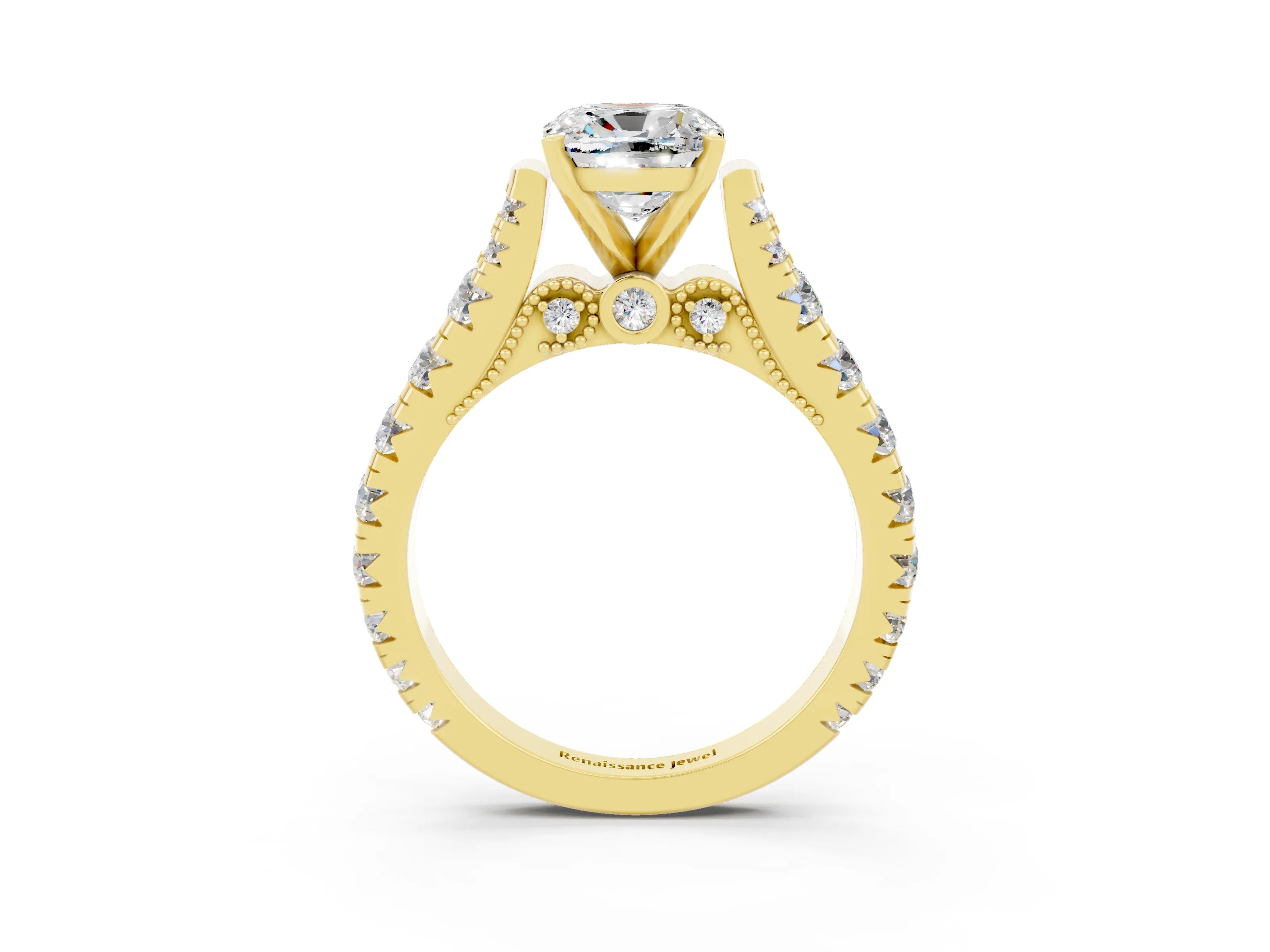 Yellow gold Cushion Cut Moissanite Classic Solitaire Ring with Pavé Band and Four-Prong Setting_3