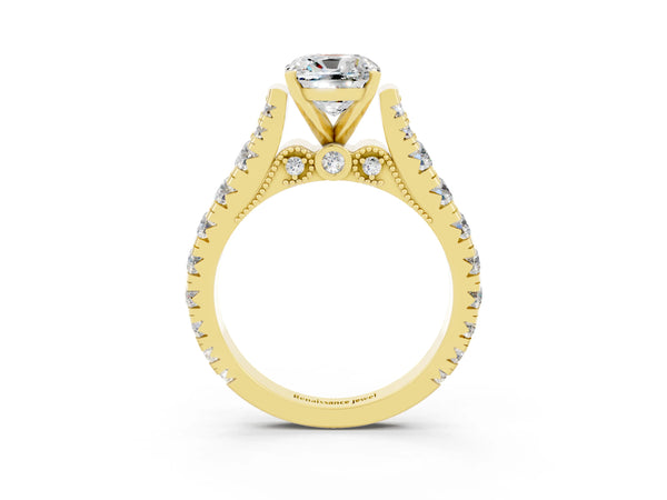 Yellow gold Cushion Cut Moissanite Classic Solitaire Ring with Pavé Band and Four-Prong Setting