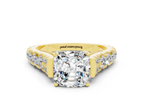 Yellow gold Cushion Cut Moissanite Classic Solitaire Ring with Pavé Band and Four-Prong Setting