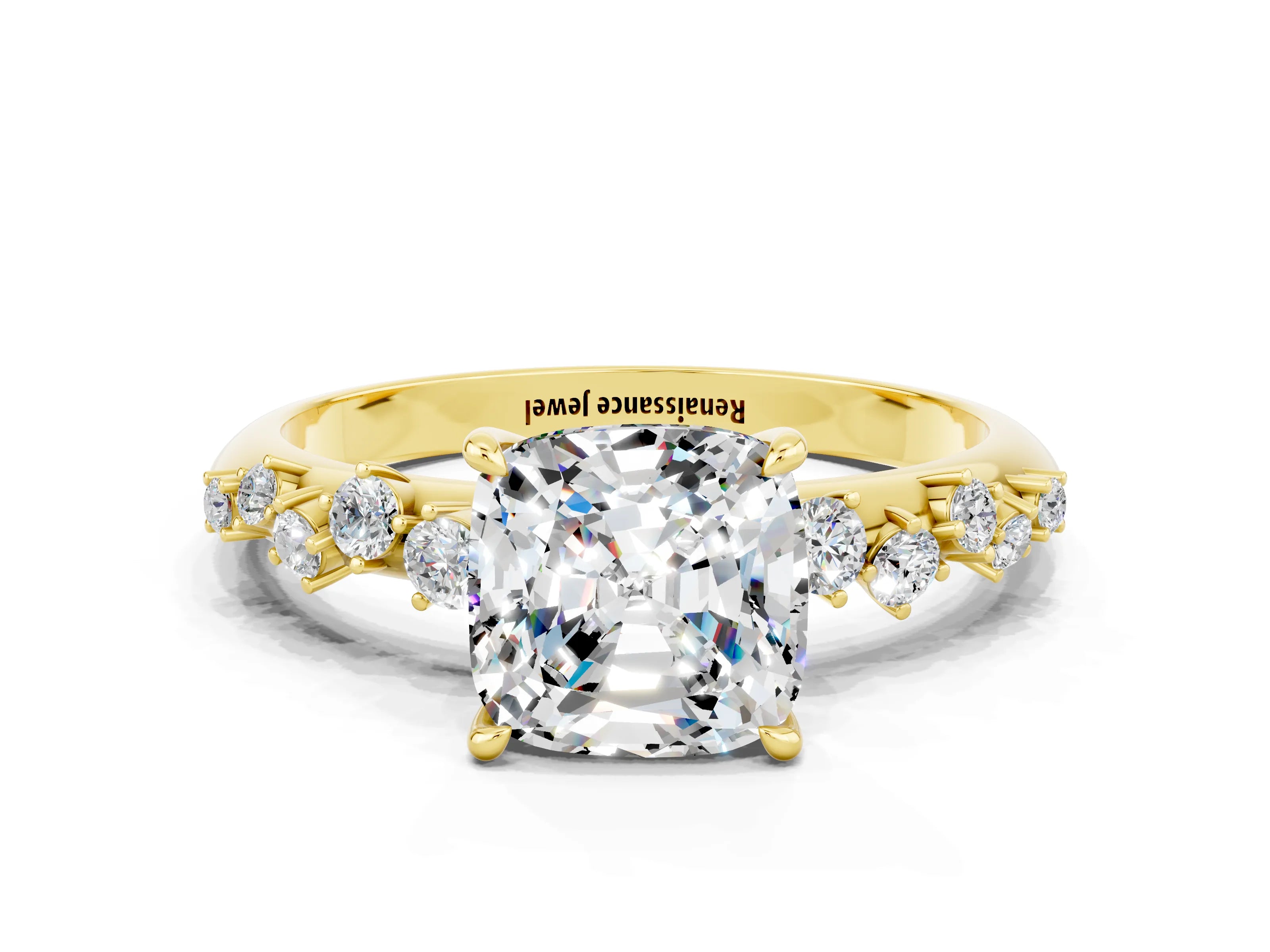 Yellow gold Cushion Cut Moissanite Cluster Side Stone Solitaire Ring with Prong Setting_24