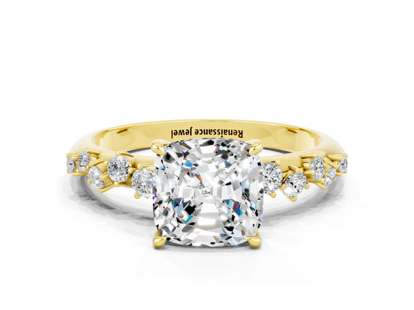 Yellow gold Cushion Cut Moissanite Cluster Side Stone Solitaire Ring with Prong Setting
