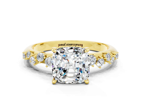 Yellow gold Cushion Cut Moissanite Cluster Side Stone Solitaire Ring with Prong Setting_24