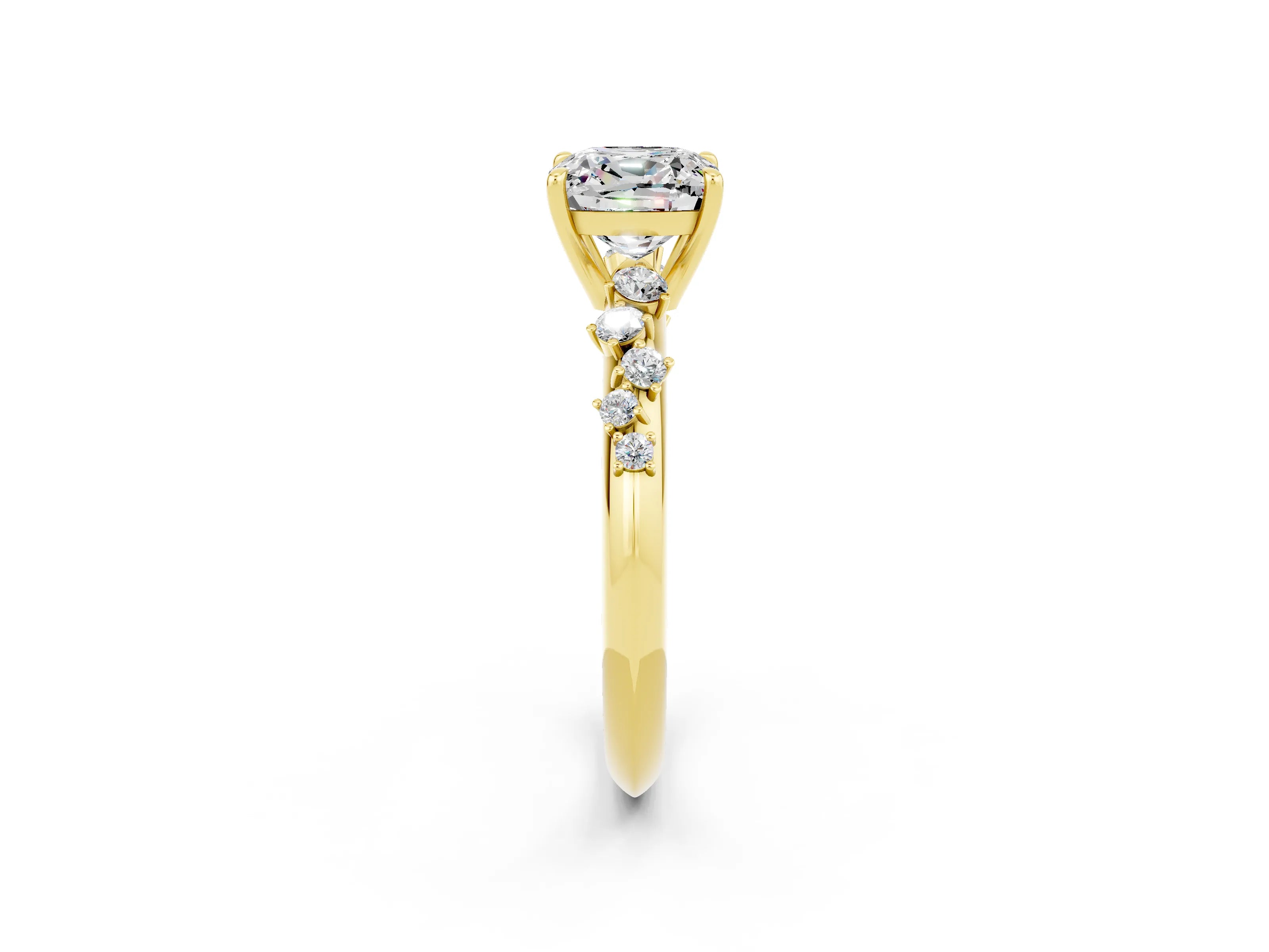 Yellow gold Cushion Cut Moissanite Cluster Side Stone Solitaire Ring with Prong Setting_26