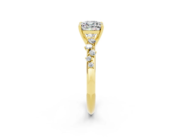 Yellow gold Cushion Cut Moissanite Cluster Side Stone Solitaire Ring with Prong Setting