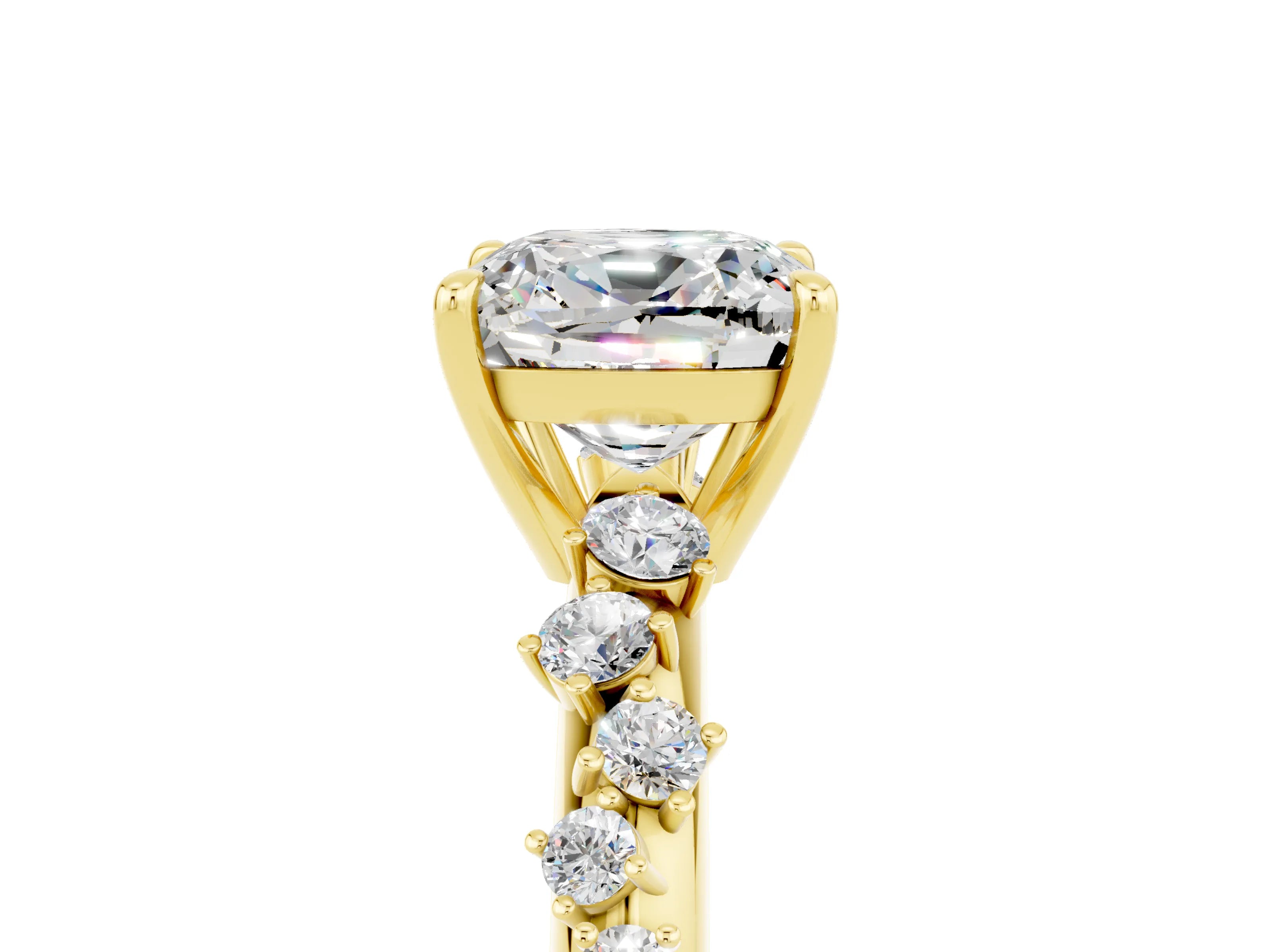 Yellow gold Cushion Cut Moissanite Cluster Side Stone Solitaire Ring with Prong Setting_29