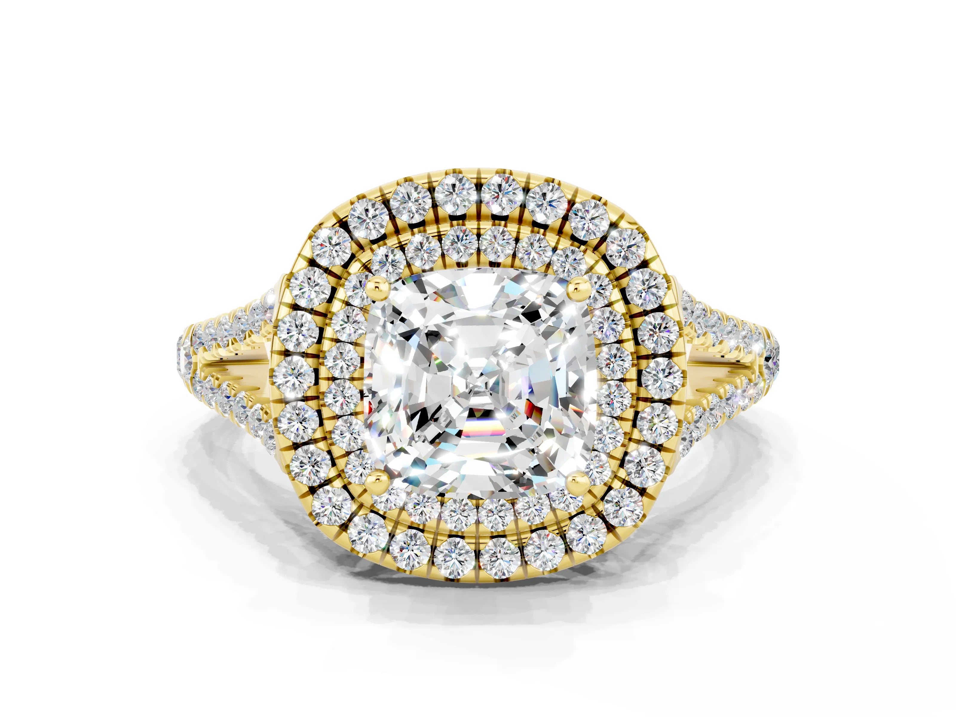 Yellow gold Cushion Cut Moissanite Double Halo Ring with Pavé Band and Prong Setting_12