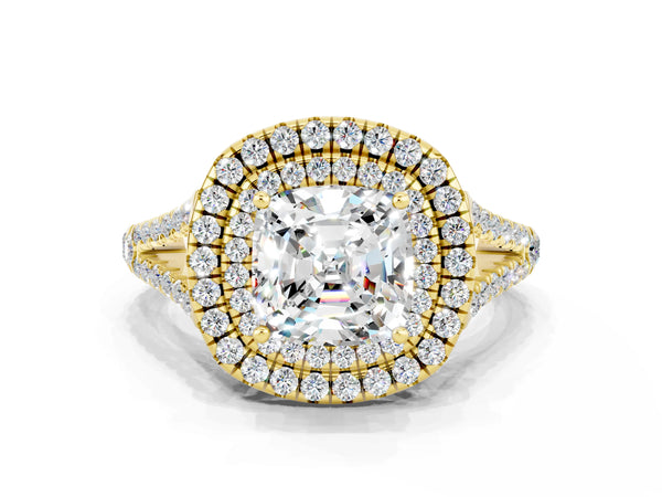 Yellow gold Cushion Cut Moissanite Double Halo Ring with Pavé Band and Prong Setting