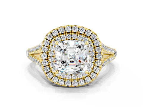 Yellow gold Cushion Cut Moissanite Double Halo Ring with Pavé Band and Prong Setting_12