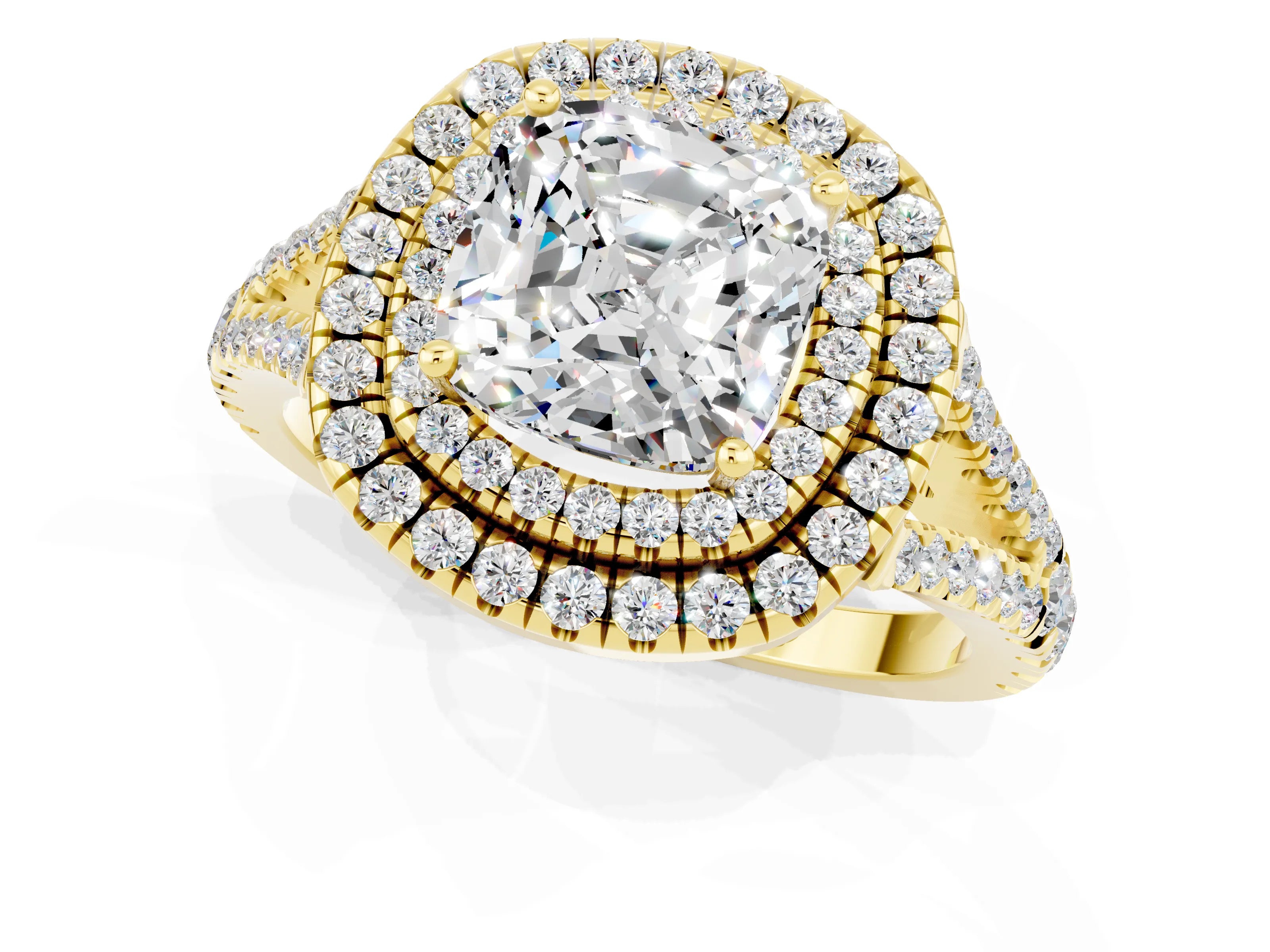 Yellow gold Cushion Cut Moissanite Double Halo Ring with Pavé Band and Prong Setting_13