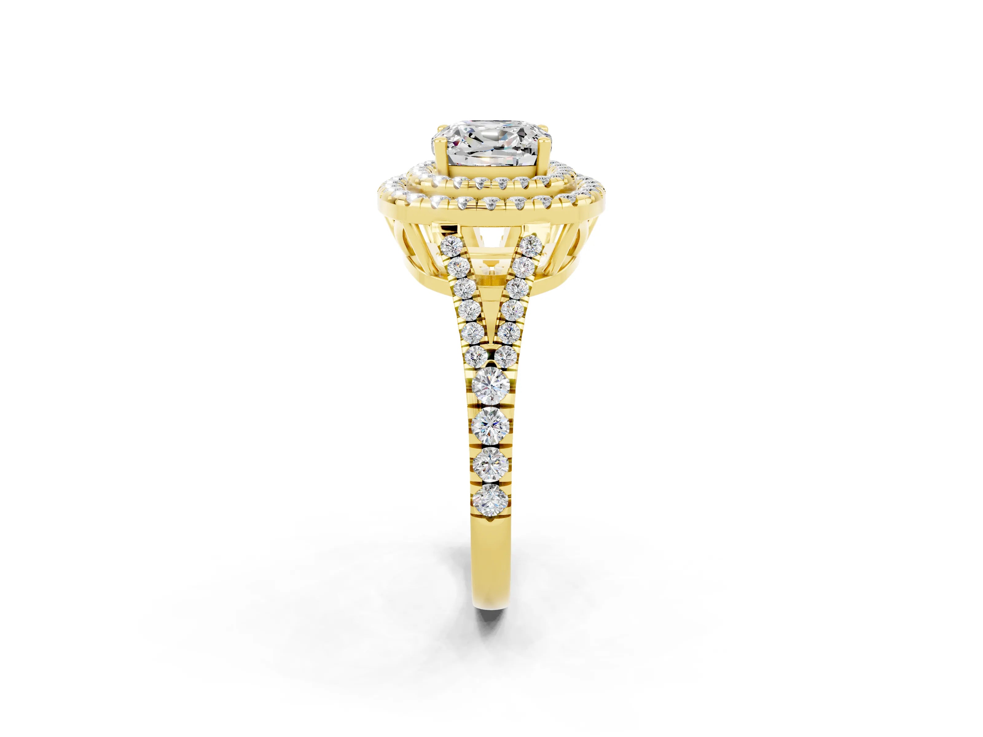 Yellow gold Cushion Cut Moissanite Double Halo Ring with Pavé Band and Prong Setting_14