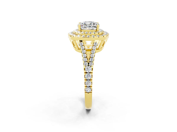 Yellow gold Cushion Cut Moissanite Double Halo Ring with Pavé Band and Prong Setting