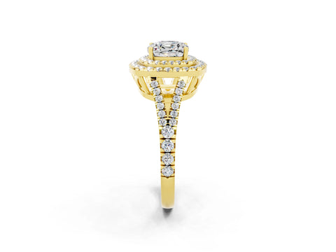 Yellow gold Cushion Cut Moissanite Double Halo Ring with Pavé Band and Prong Setting_14