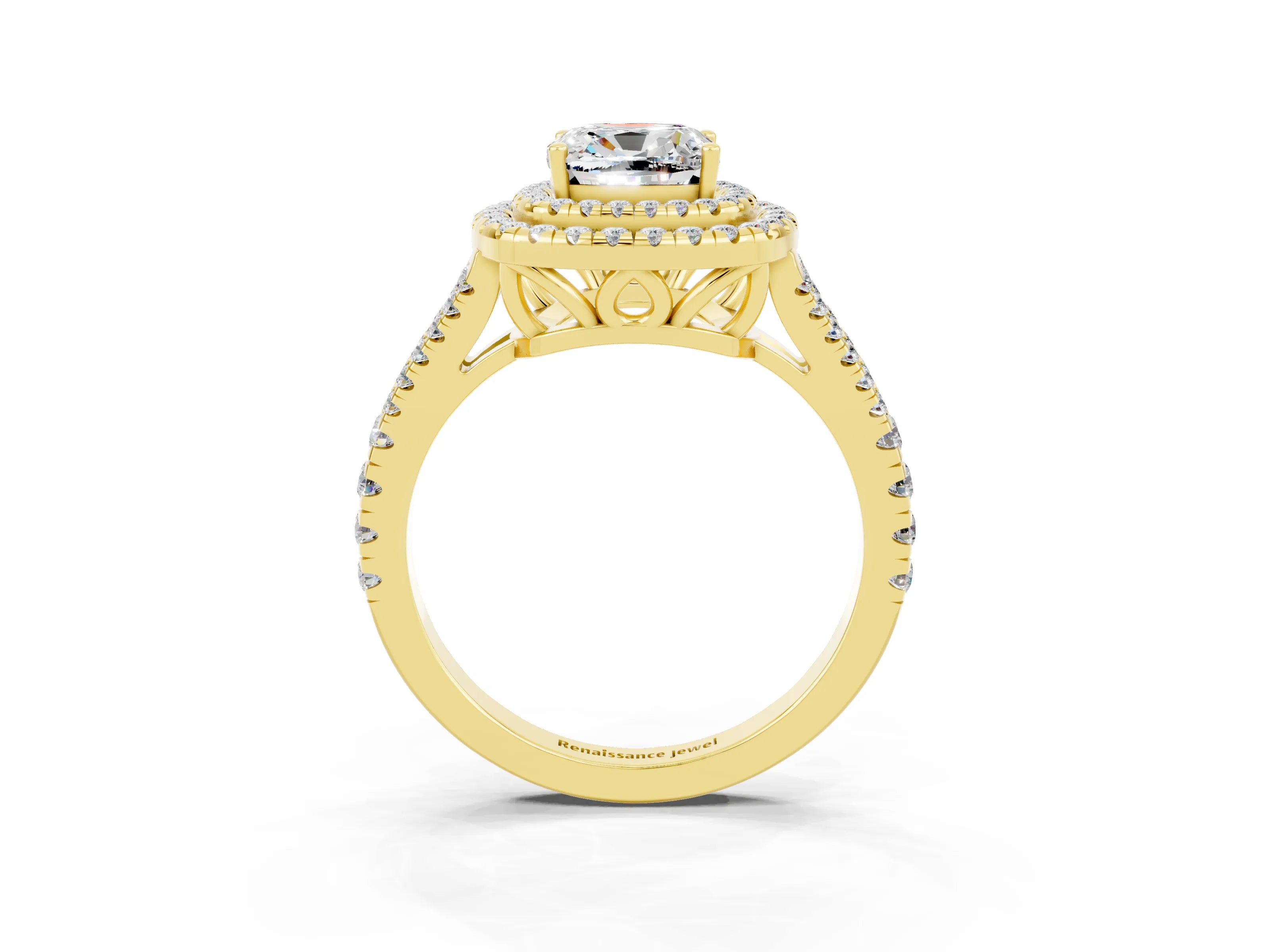 Yellow gold Cushion Cut Moissanite Double Halo Ring with Pavé Band and Prong Setting_15