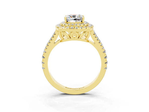 Yellow gold Cushion Cut Moissanite Double Halo Ring with Pavé Band and Prong Setting