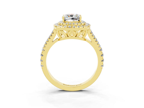 Yellow gold Cushion Cut Moissanite Double Halo Ring with Pavé Band and Prong Setting_15