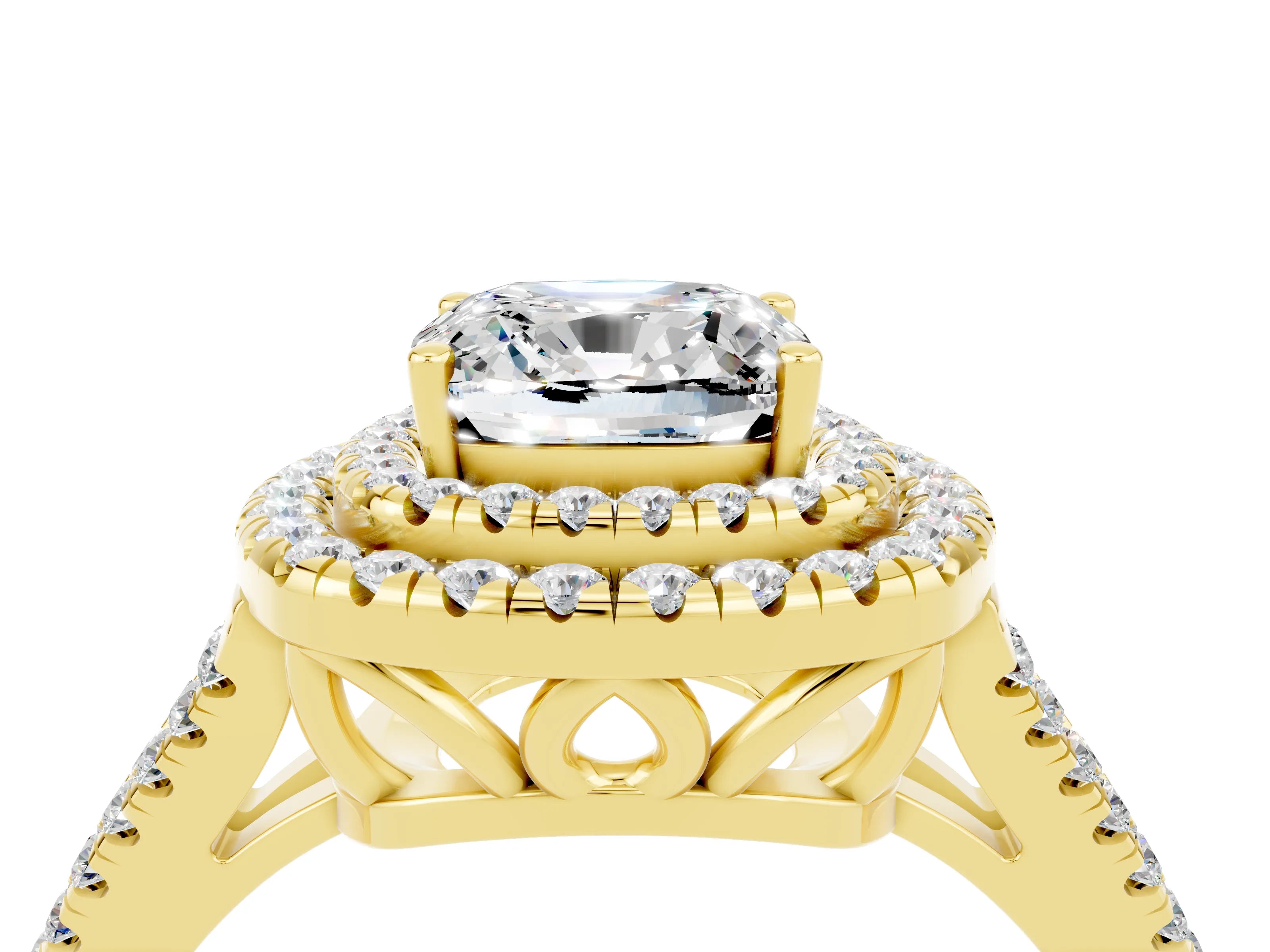 Yellow gold Cushion Cut Moissanite Double Halo Ring with Pavé Band and Prong Setting_16