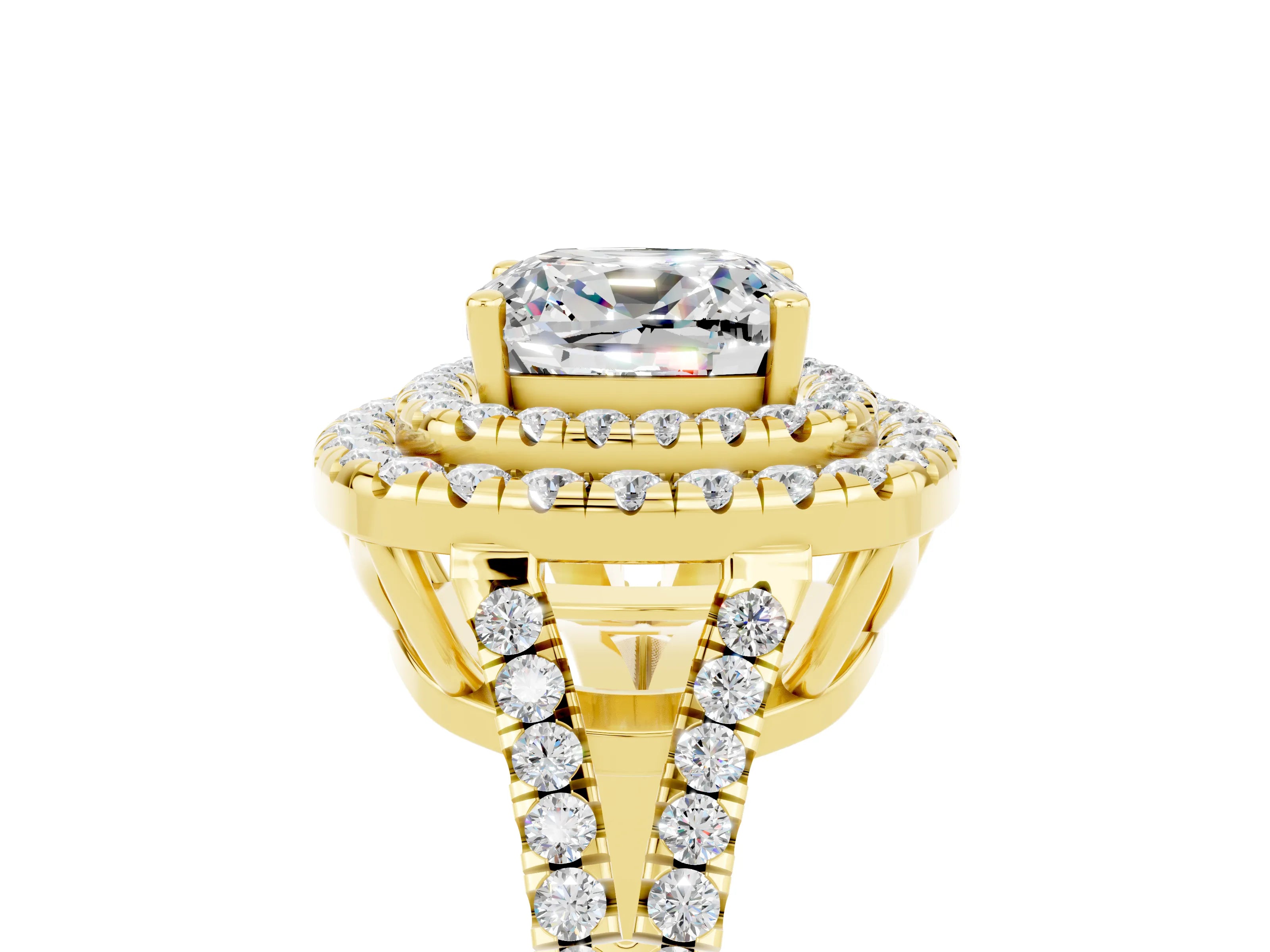 Yellow gold Cushion Cut Moissanite Double Halo Ring with Pavé Band and Prong Setting_17