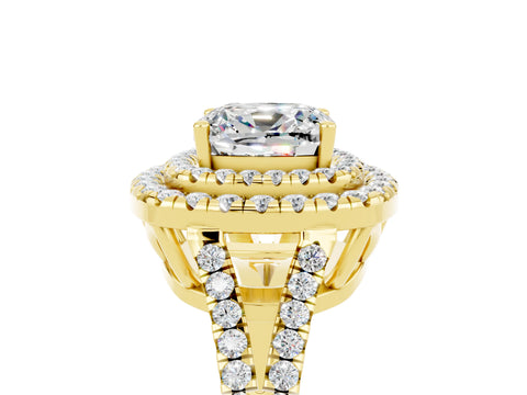 Yellow gold Cushion Cut Moissanite Double Halo Ring with Pavé Band and Prong Setting_17