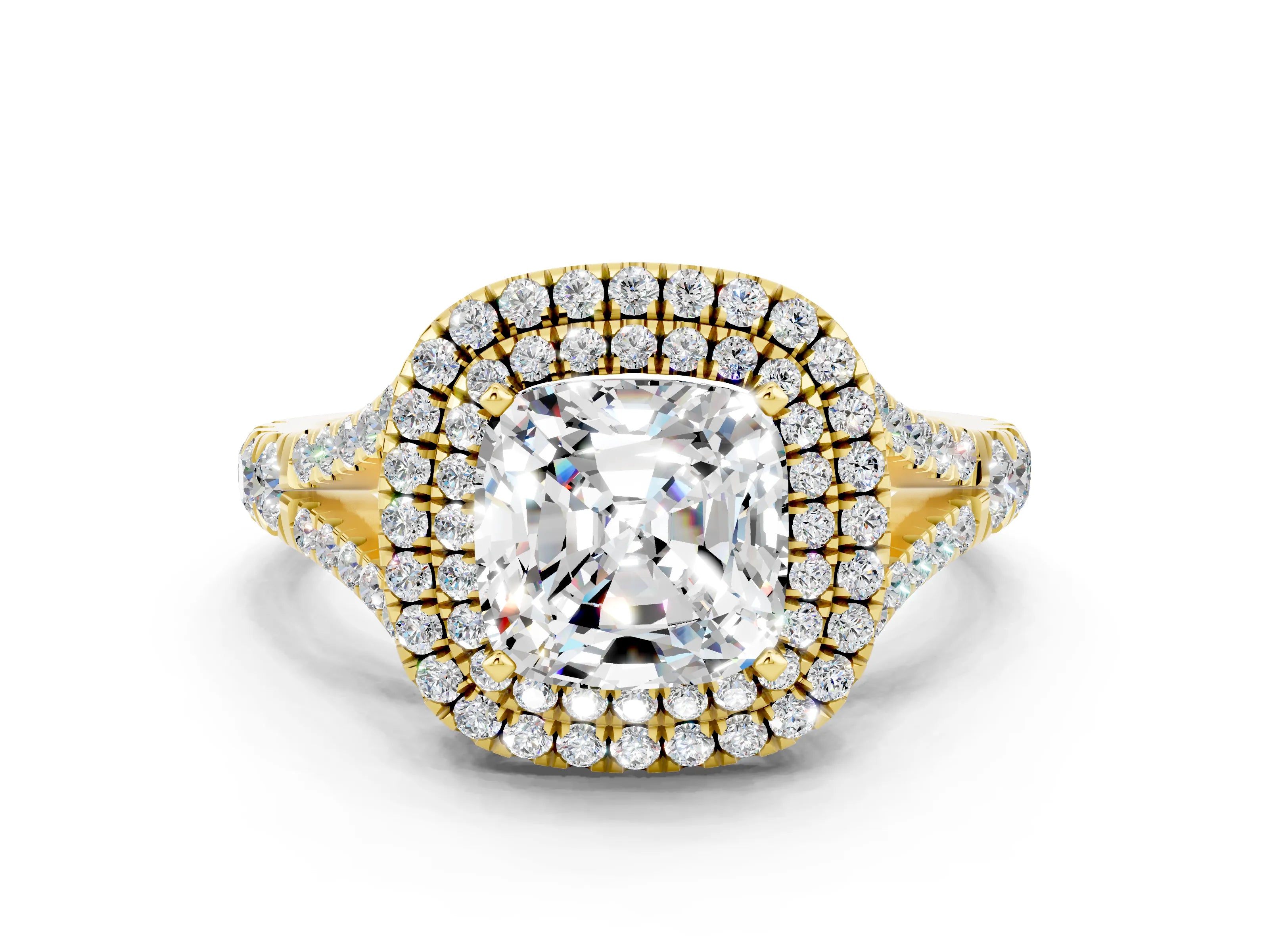 Yellow gold Cushion Cut Moissanite Double Halo Ring with Split Shank and Prong Setting_12