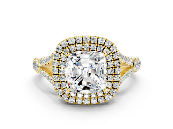 Yellow gold Cushion Cut Moissanite Double Halo Ring with Split Shank and Prong Setting