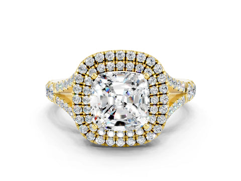 Yellow gold Cushion Cut Moissanite Double Halo Ring with Split Shank and Prong Setting_12